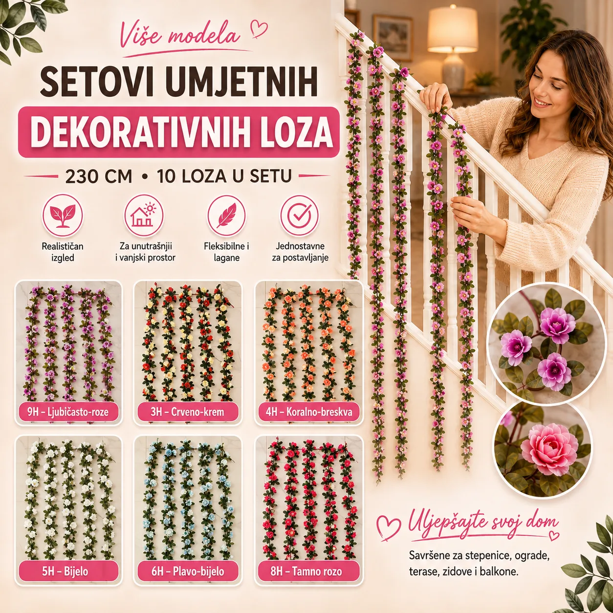 Novo Setovi umjetnih dekorativnih loza 230 cm 10 loza u setu
