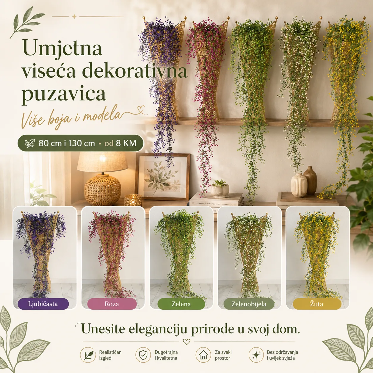 Umjetna viseća dekorativna puzavica – 80 cm i 130 cm | Više boja – MINIMALNA NARUDŽBA 25 KM